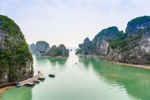 View of boats and rock formation islands, Ha Long Bay, Vietnam